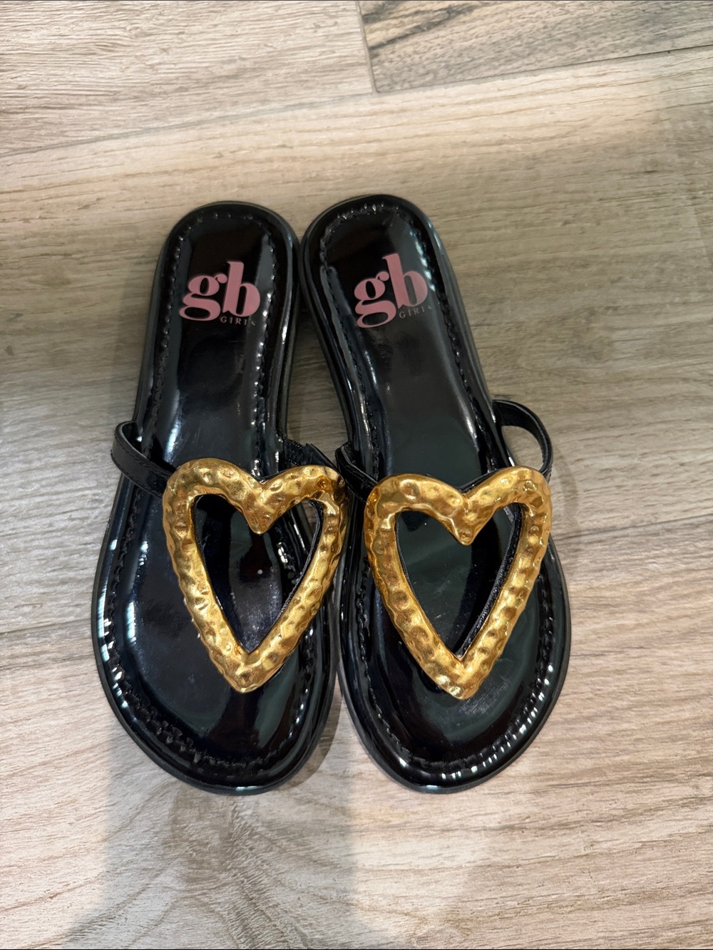 GB Girls Black Patent Slide Sandals with Gold Heart Detail